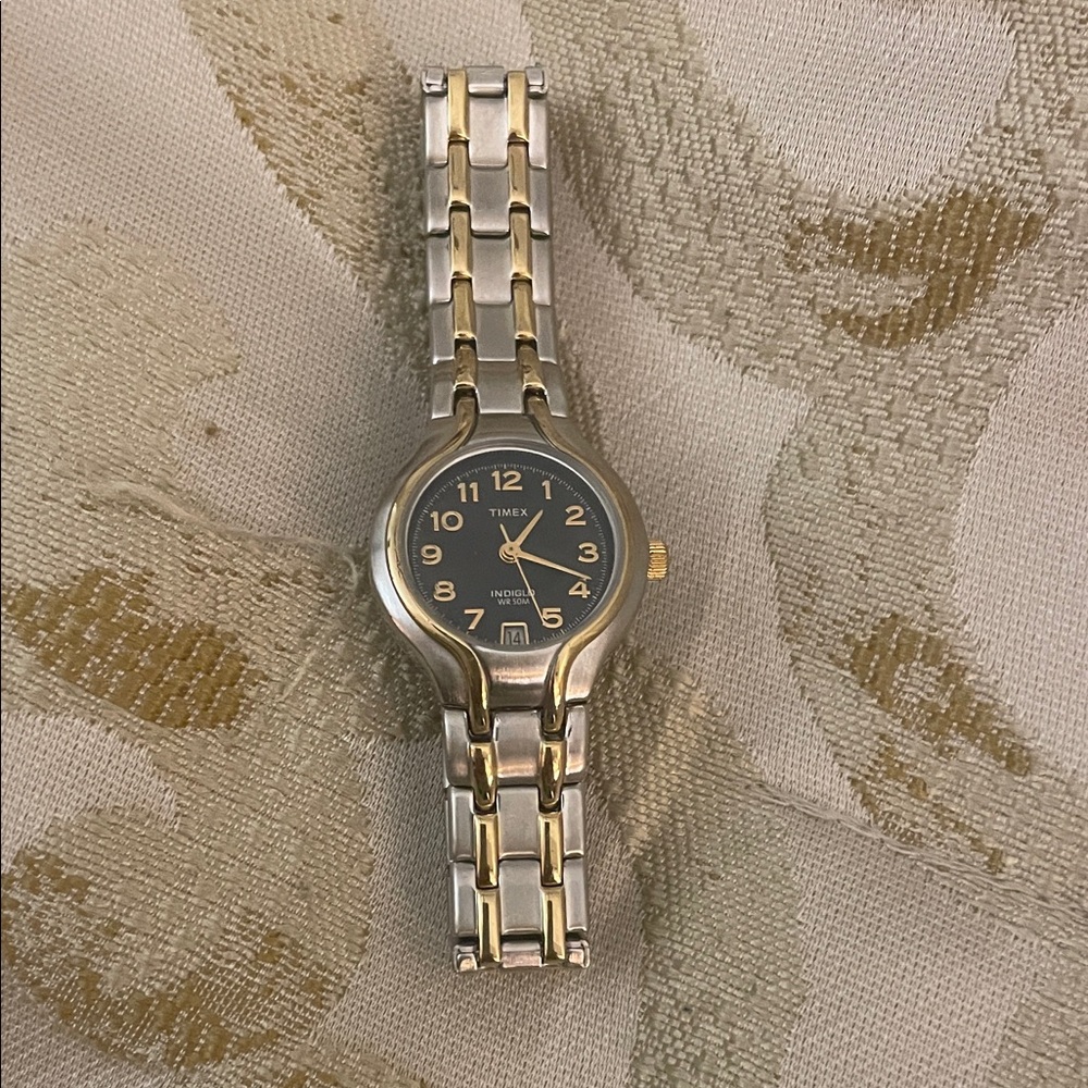 Timex Two-Tone Silver and Gold Ladies Watch with Black Dial
